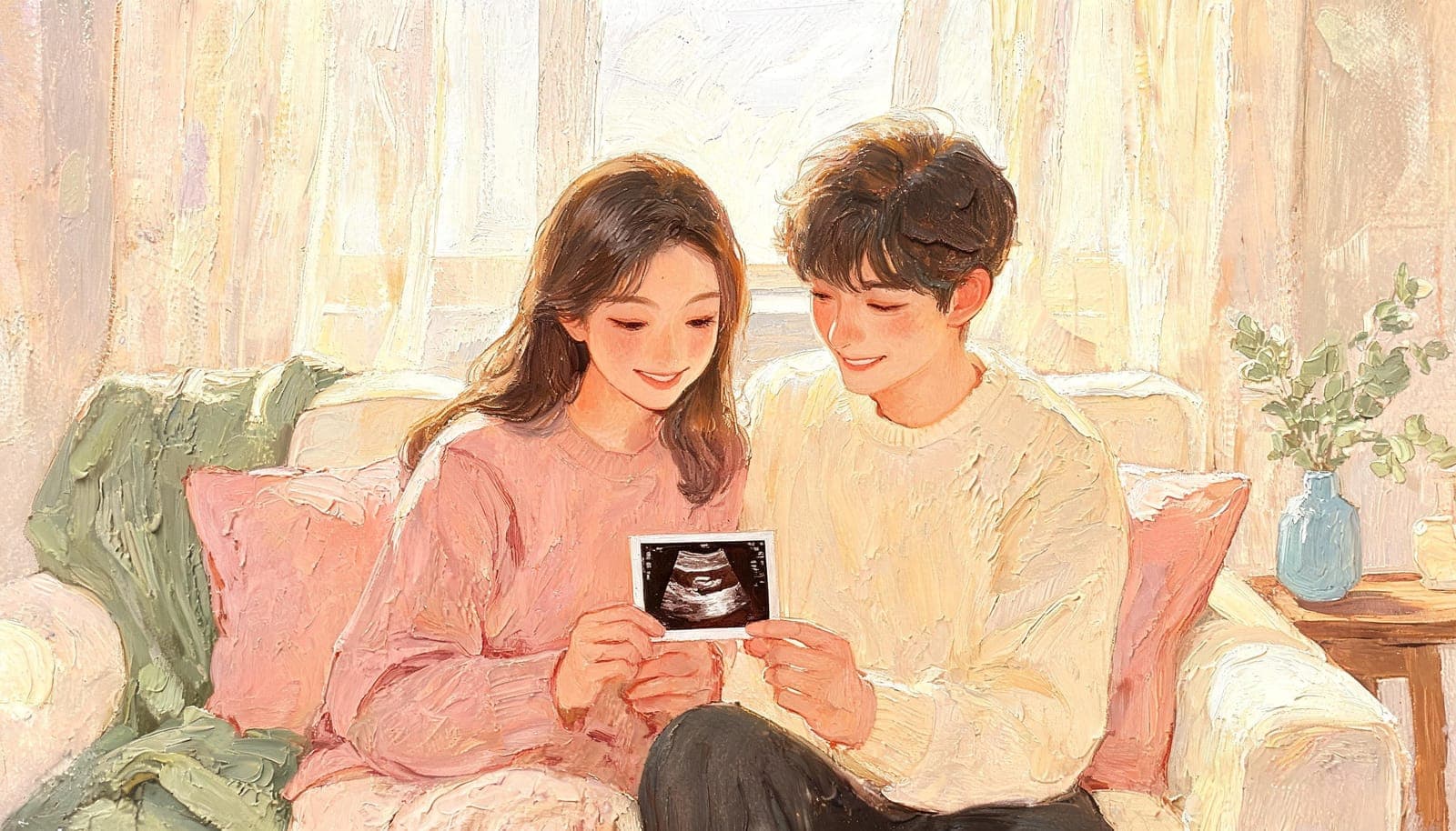 Expecting parents looking at their ultrasound scan together, excited to find out their baby's gender